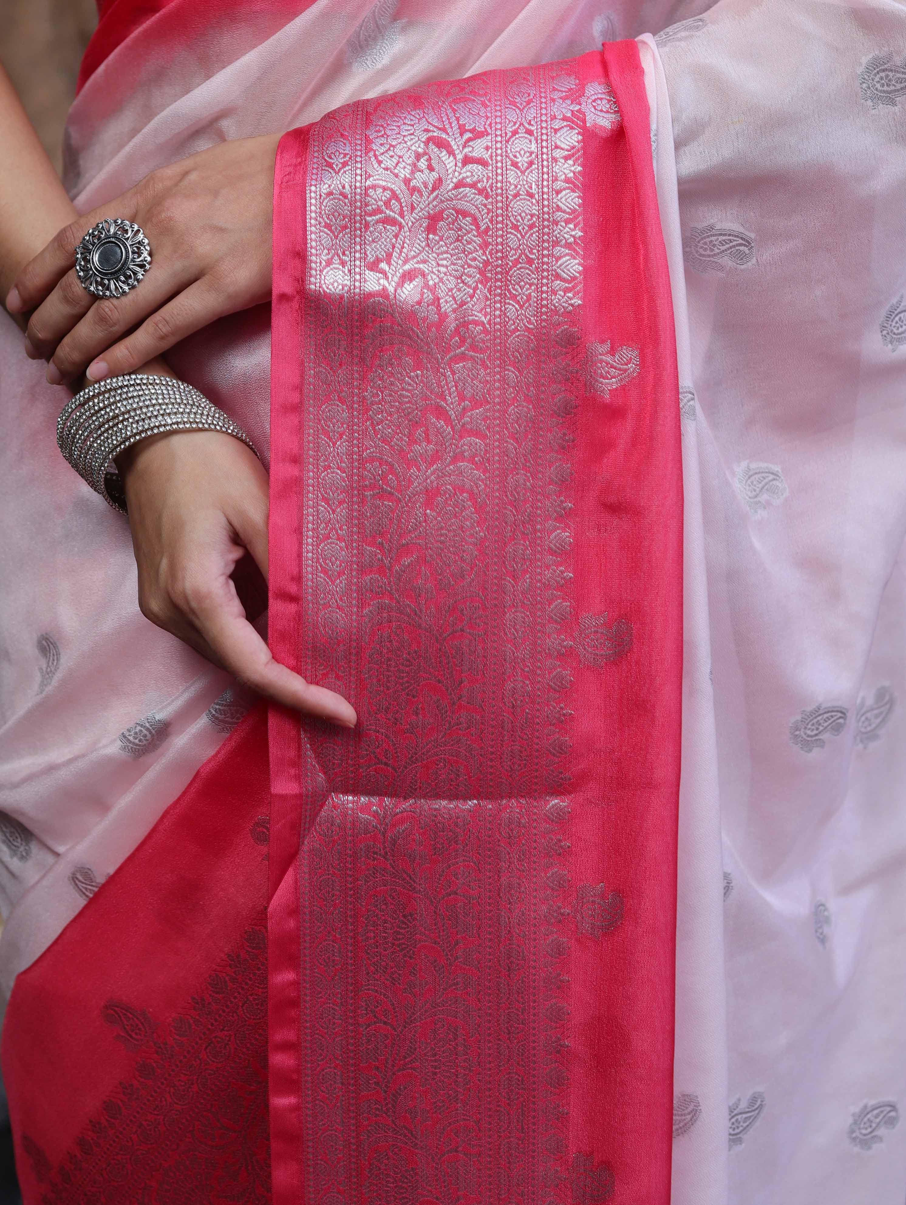 Banarasee Handloom Semi Silk Saree With Zari Buta Work & Contrast Border-Blush Pink(Dual Tone)