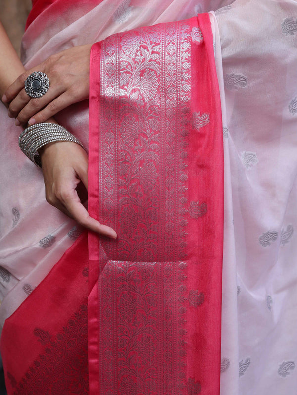 Banarasee Handloom Semi Silk Saree With Zari Buta Work & Contrast Border-Blush Pink(Dual Tone)