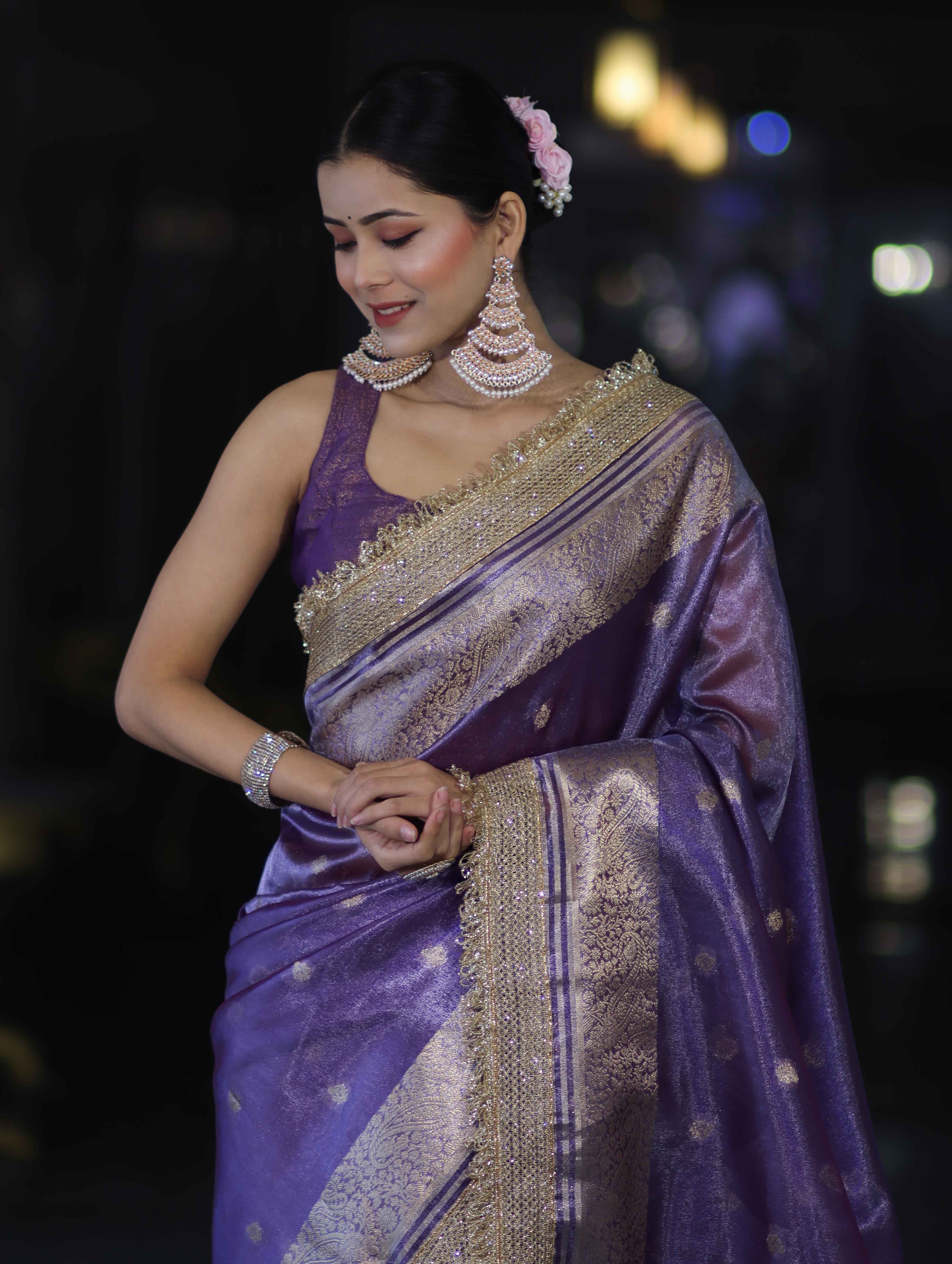 Banarasee Handloom Tissue Saree With Zari Buti Design Zari Border & Lace-Light Purple