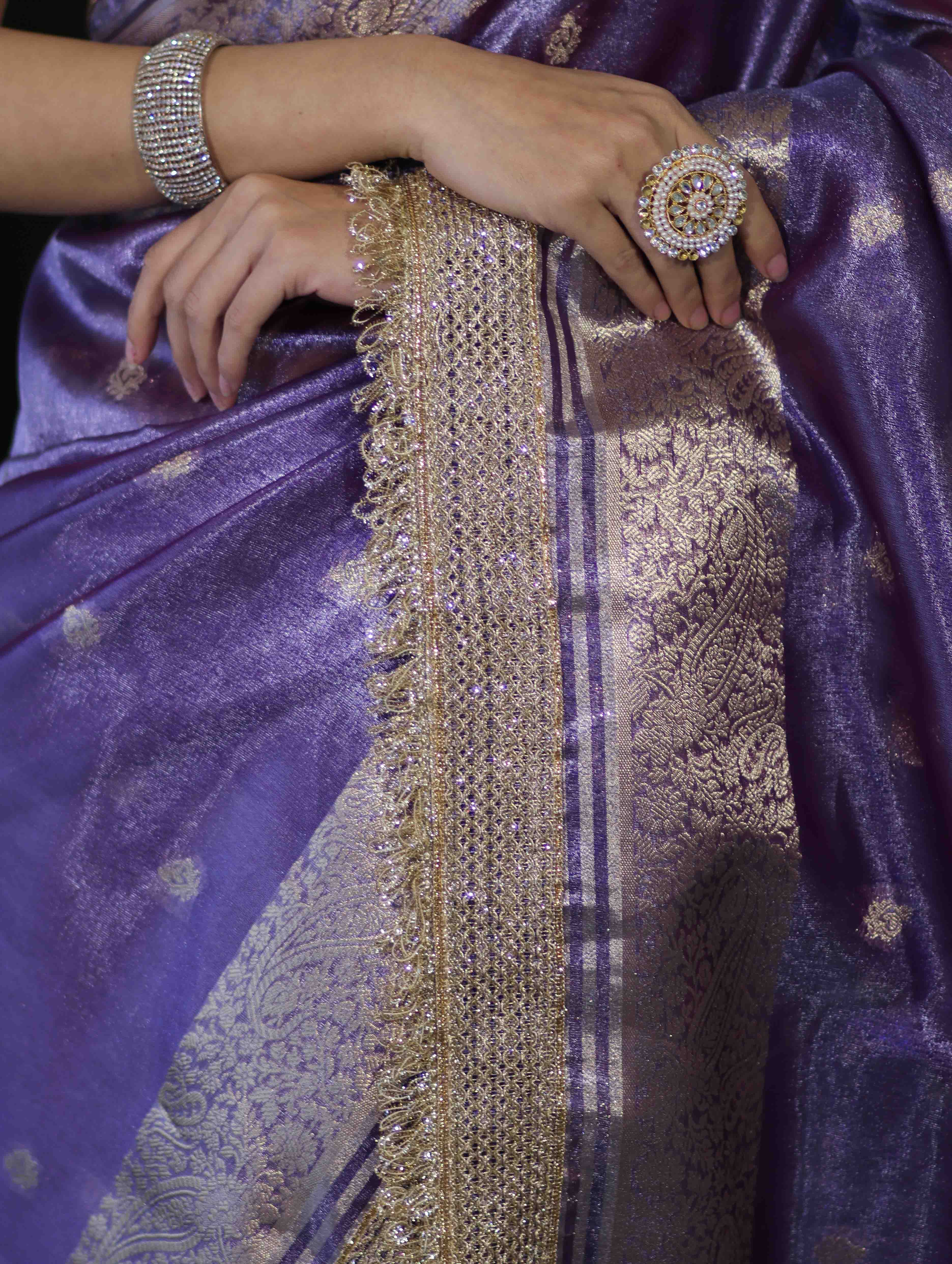 Banarasee Handloom Tissue Saree With Zari Buti Design Zari Border & Lace-Light Purple