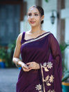 Banarasee Handloom Cotton Silk Plain Saree With Floral Zari Border-Violet