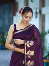Banarasee Handloom Cotton Silk Plain Saree With Floral Zari Border-Violet