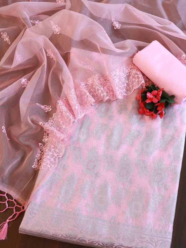 Banarasee Silver Zari Jaal Salwar Kameez With Embroidered Dupatta-Pink
