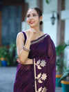 Banarasee Handloom Cotton Silk Plain Saree With Floral Zari Border-Violet