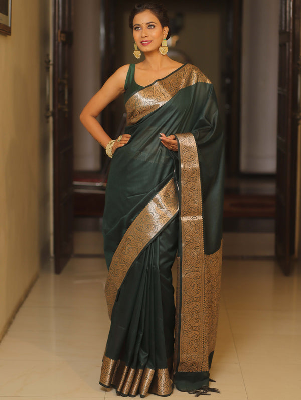 Banarasee Cotton Silk Plain Body Saree With Gold Zari Border-Green