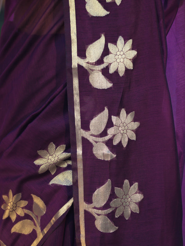 Banarasee Handloom Cotton Silk Plain Saree With Floral Zari Border-Violet