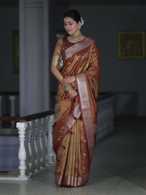 Banarasee Handloom Dual Tone Shimmer Silk Saree With Buti Design & Meena Border-Earthy Brown