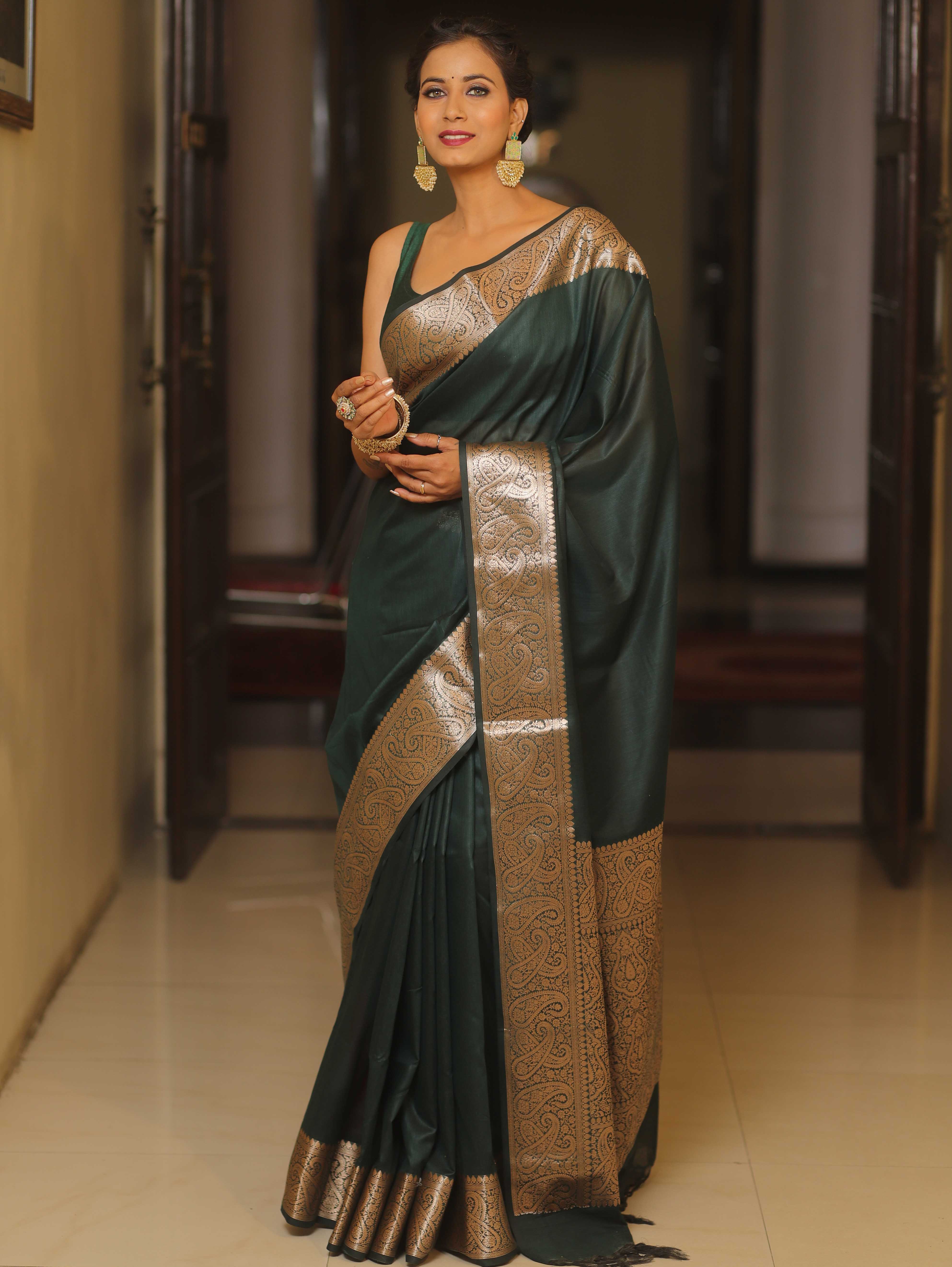 Banarasee Cotton Silk Plain Body Saree With Gold Zari Border-Green