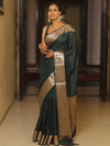 Banarasee Cotton Silk Plain Body Saree With Gold Zari Border-Green