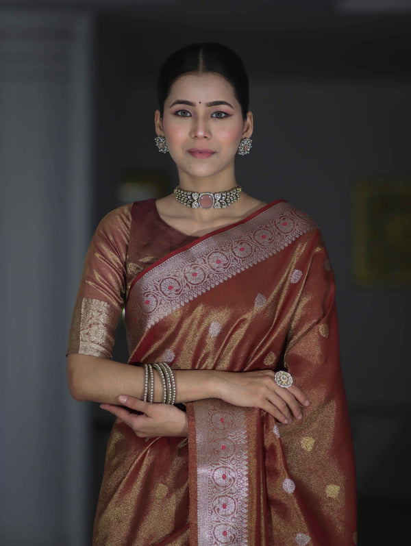 Banarasee Handloom Dual Tone Shimmer Silk Saree With Buti Design & Meena Border-Earthy Brown