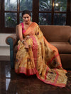 Banarasee Handwoven Tissue Saree With Hand Brush Paint Floral Design & Contrast Border-Yellow