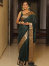 Banarasee Cotton Silk Plain Body Saree With Gold Zari Border-Green