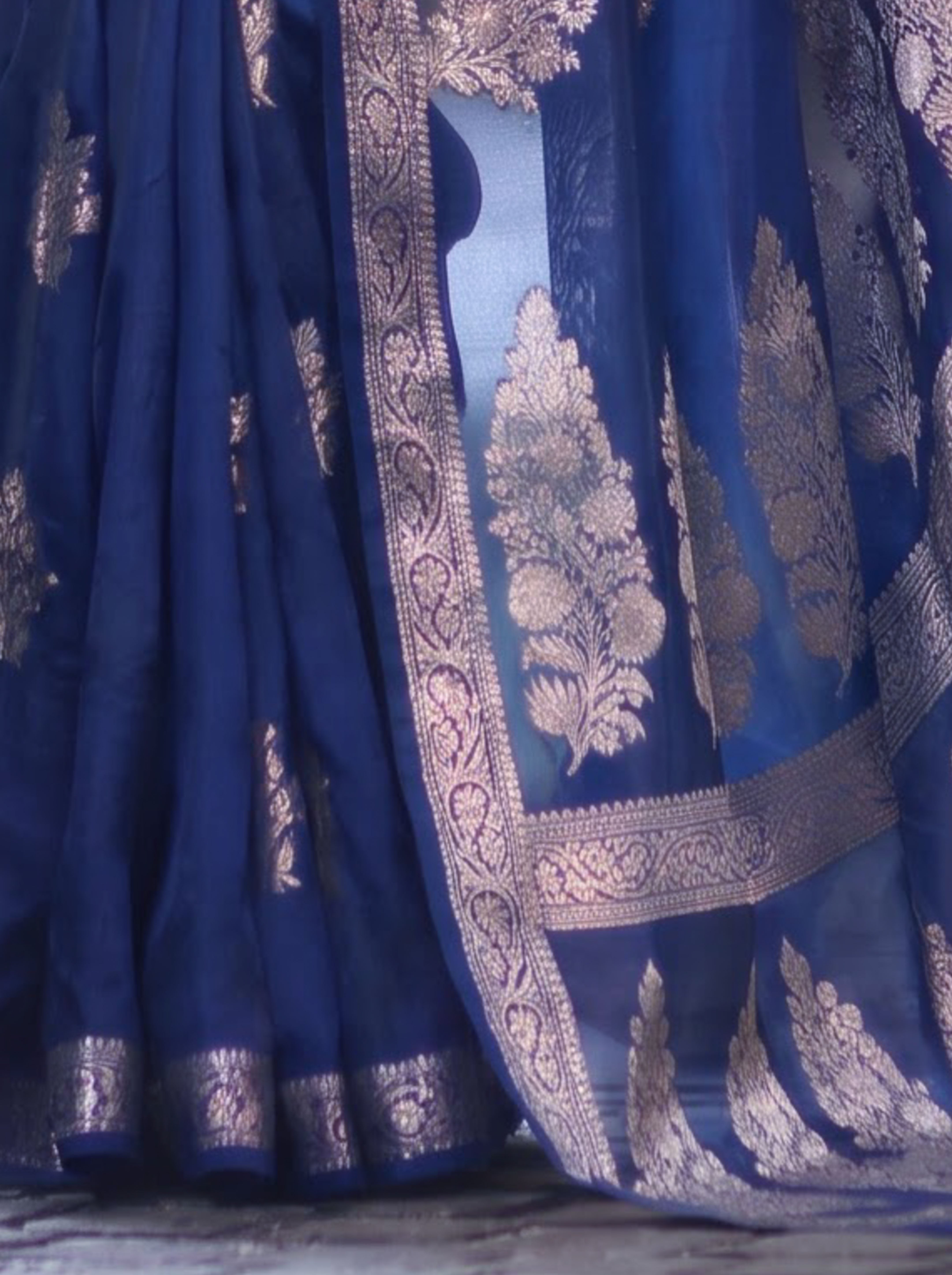 Banarasee Handloom Dupion Silk Saree With Zari Floral Buta Design & Border-Blue