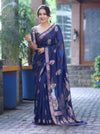 Banarasee Handloom Dupion Silk Saree With Zari Floral Buta Design & Border-Blue