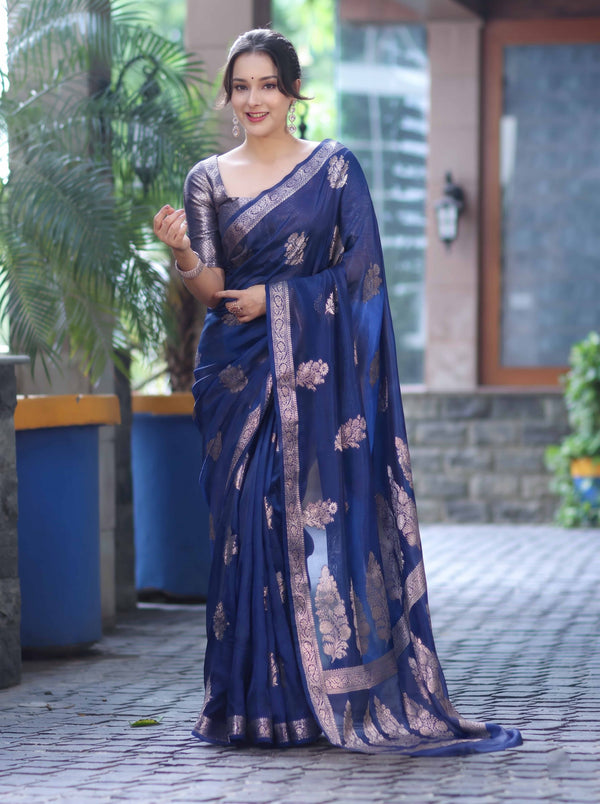 Banarasee Handloom Dupion Silk Saree With Zari Floral Buta Design & Border-Blue
