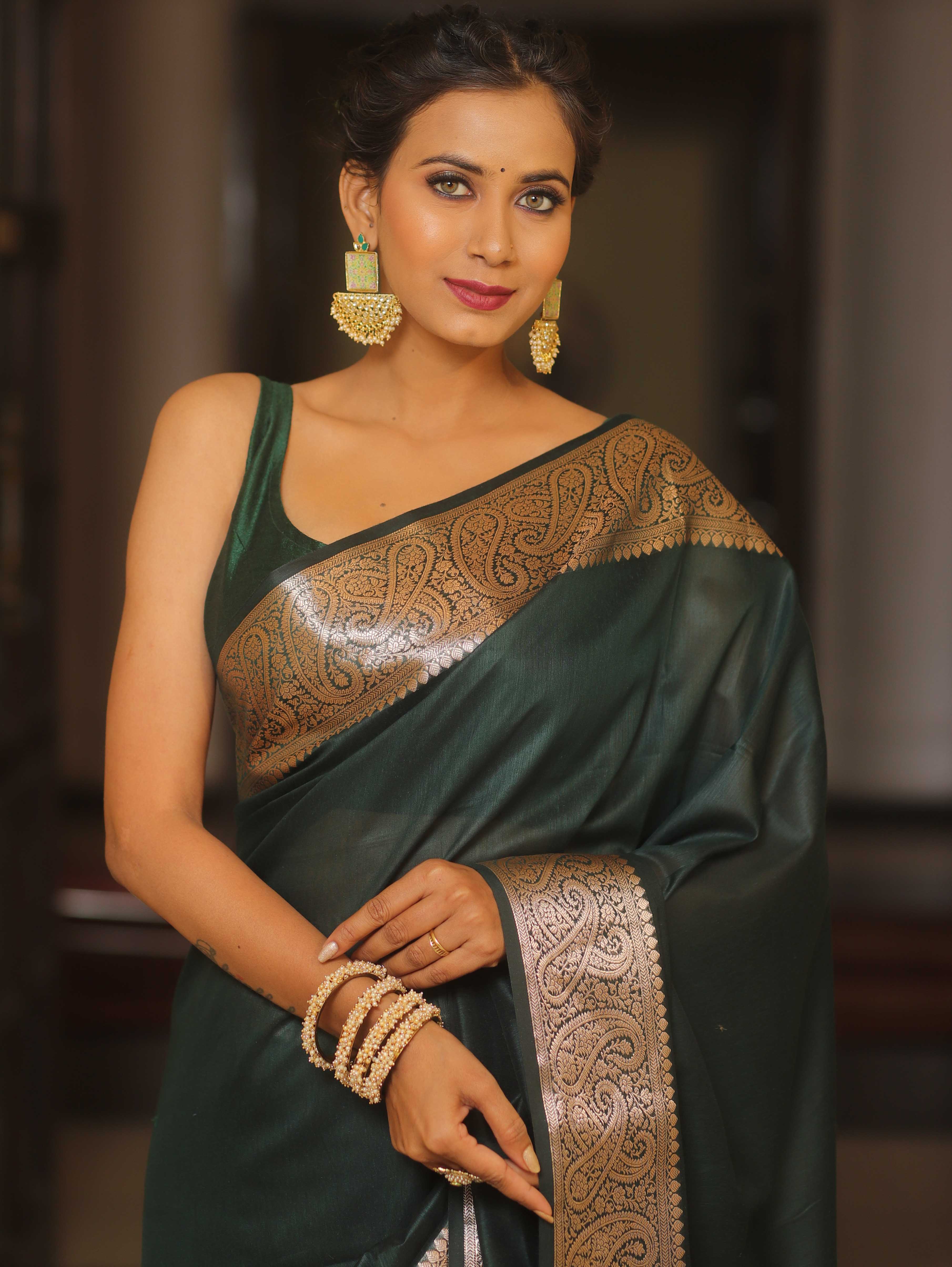 Banarasee Cotton Silk Plain Body Saree With Gold Zari Border-Green