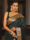 Banarasee Cotton Silk Plain Body Saree With Gold Zari Border-Green