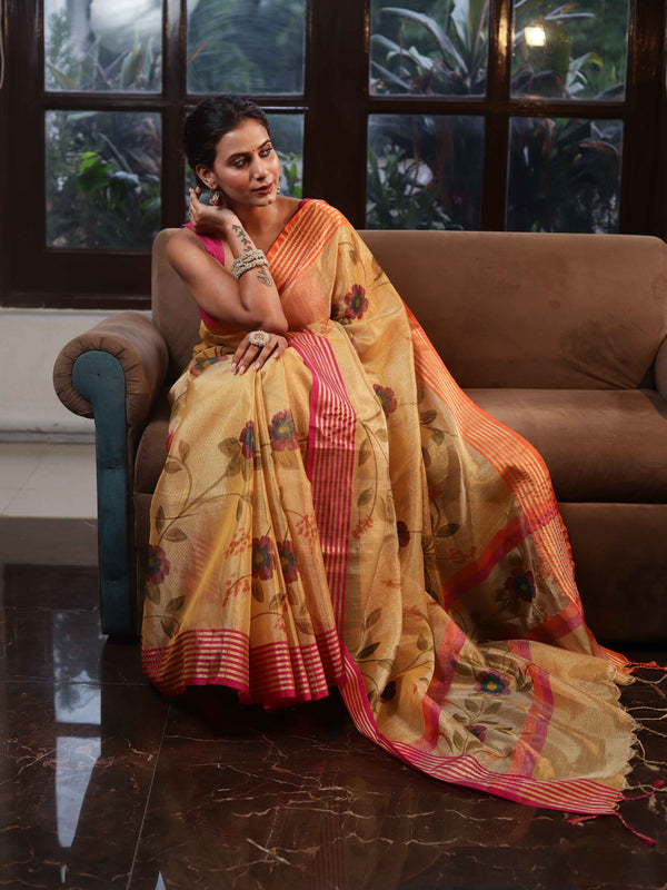 Banarasee Handwoven Tissue Saree With Hand Brush Paint Floral Design & Contrast Border-Yellow