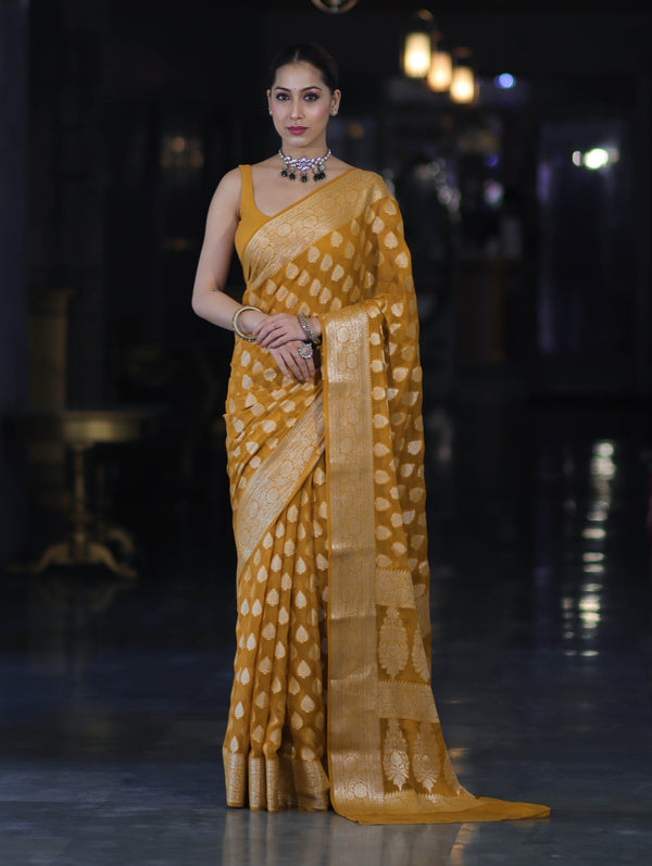 Banarasee Pure Chiffon Saree With Gold Zari Buta Work & Border-Mustard Yellow