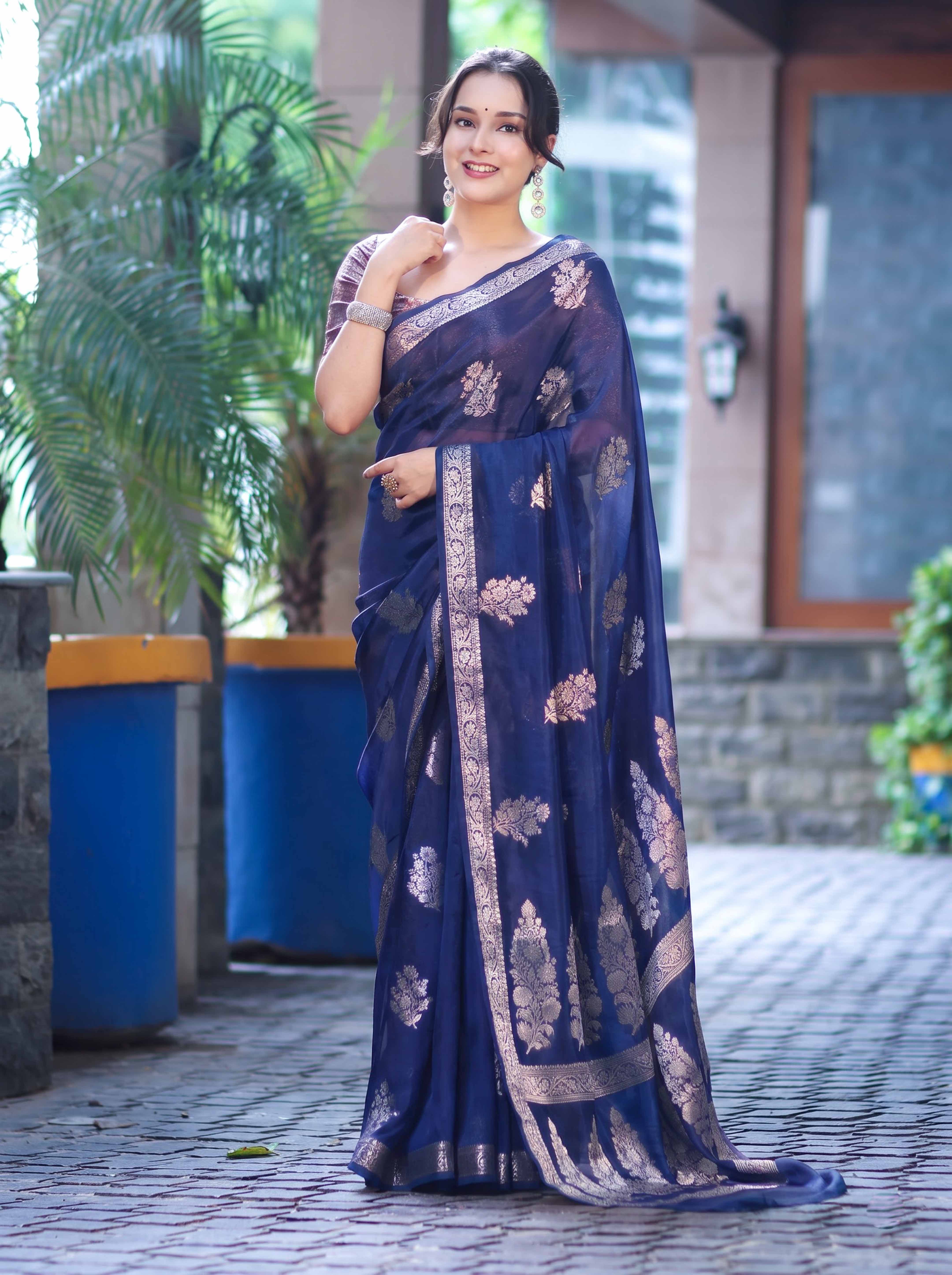 Banarasee Handloom Dupion Silk Saree With Zari Floral Buta Design & Border-Blue