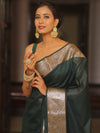 Banarasee Cotton Silk Plain Body Saree With Gold Zari Border-Green