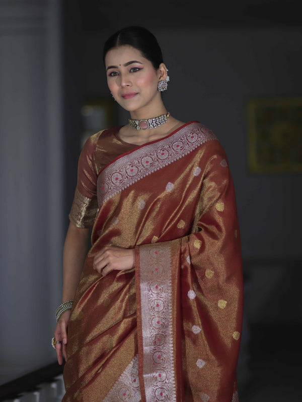 Banarasee Handloom Dual Tone Shimmer Silk Saree With Buti Design & Meena Border-Earthy Brown