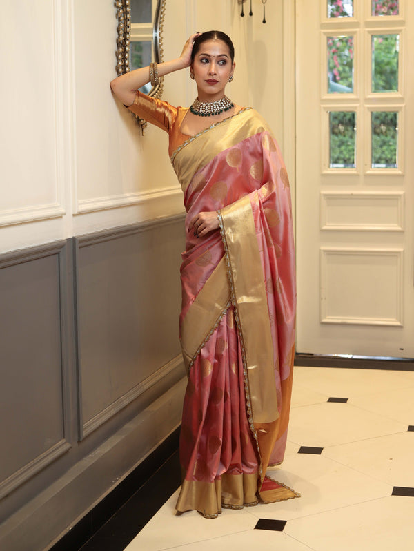 Banarasee Handwoven Semi Silk Saree With Zari Buta Design & Lace-Peach