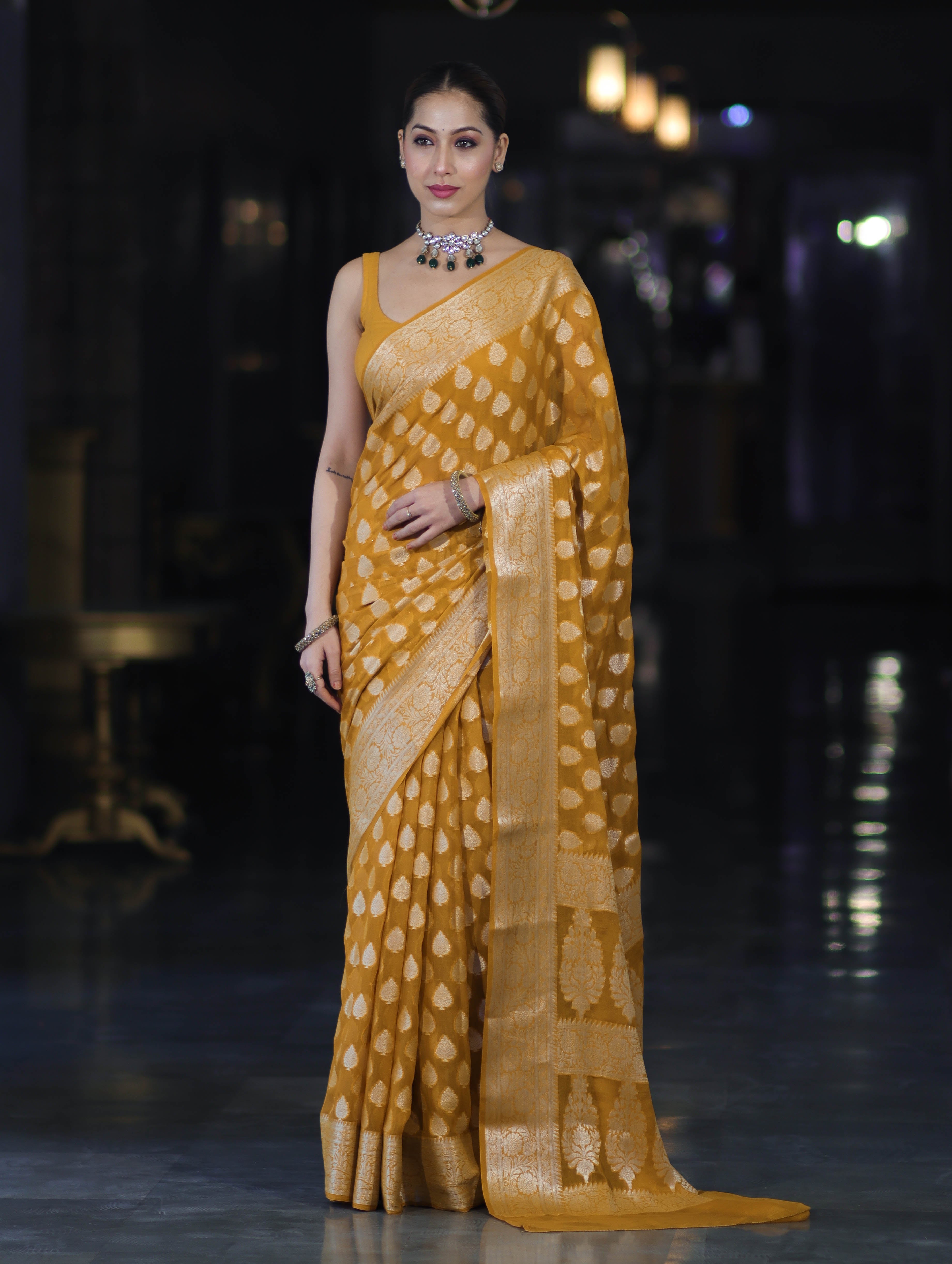 Banarasee Pure Chiffon Saree With Gold Zari Buta Work & Border-Mustard Yellow