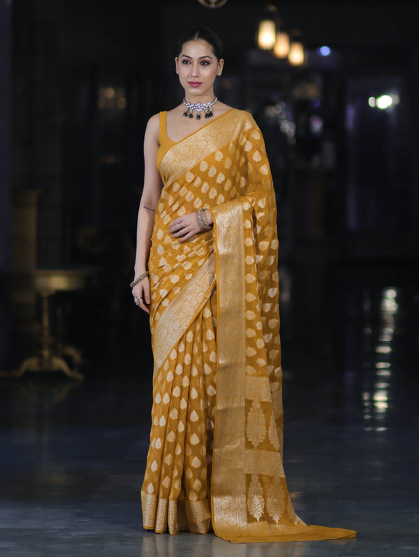 Banarasee Pure Chiffon Saree With Gold Zari Buta Work & Border-Mustard Yellow