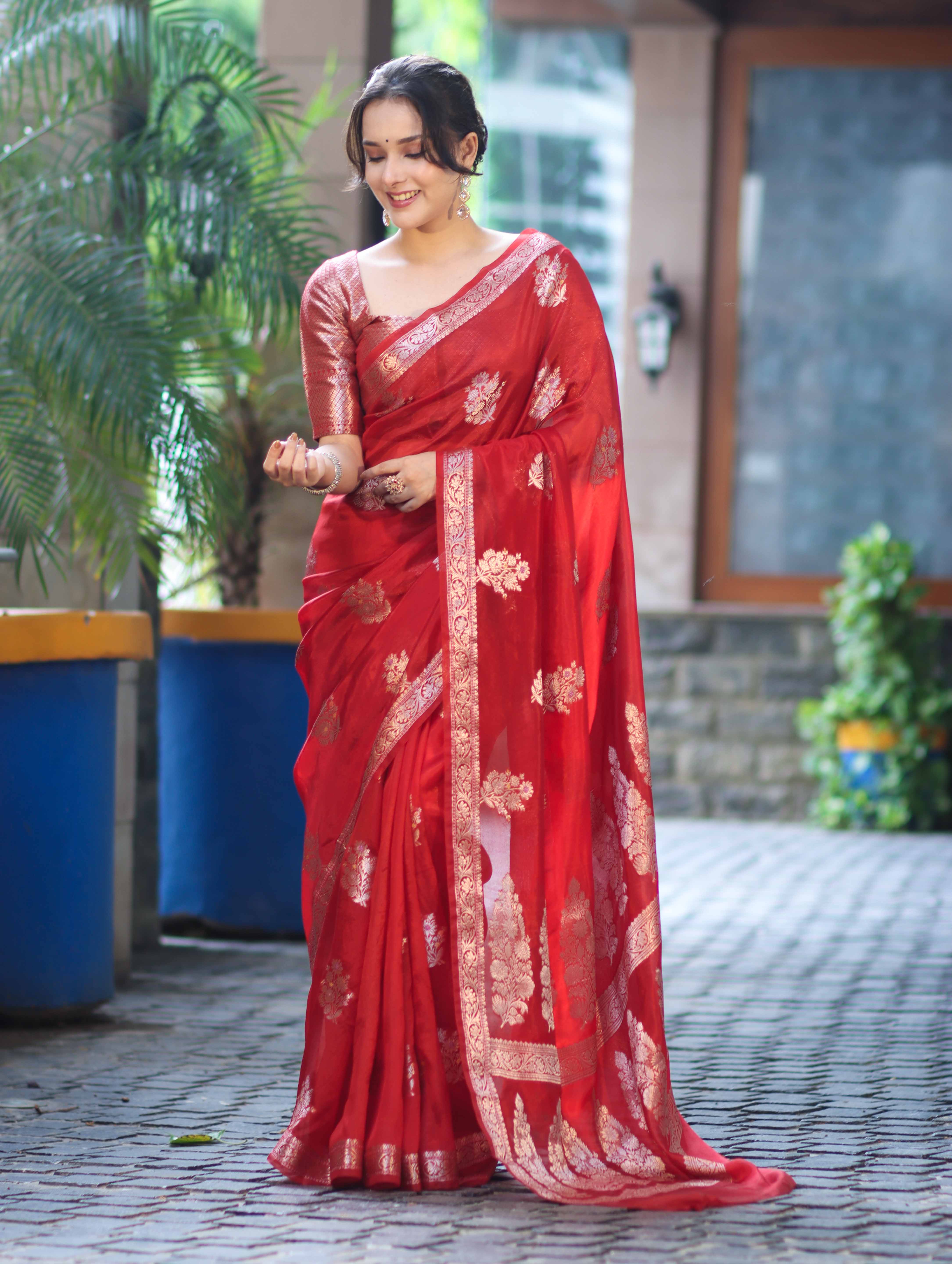 Banarasee Handloom Semi Silk Saree With Zari Floral Buta Design & Border-Red