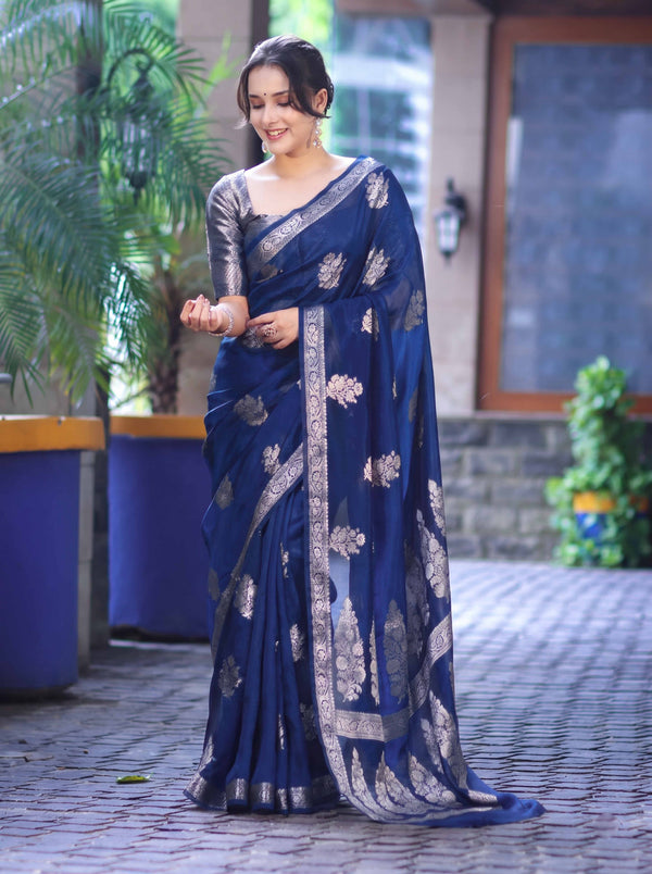 Banarasee Handloom Dupion Silk Saree With Zari Floral Buta Design & Border-Blue