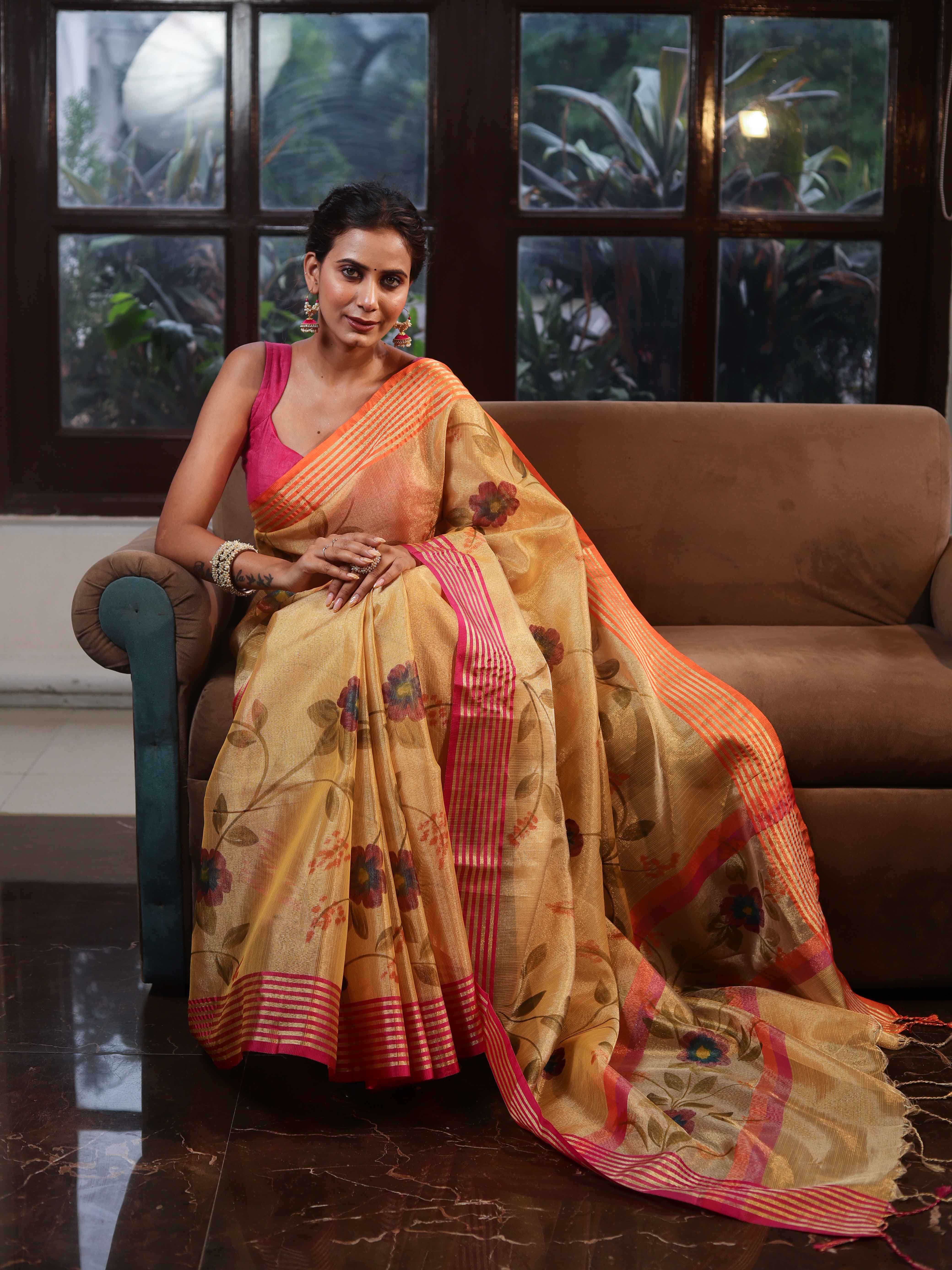 Banarasee Handwoven Tissue Saree With Hand Brush Paint Floral Design & Contrast Border-Yellow