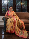 Banarasee Handwoven Tissue Saree With Hand Brush Paint Floral Design & Contrast Border-Yellow