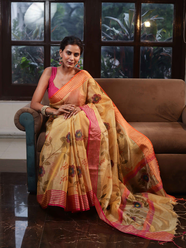 Banarasee Handwoven Tissue Saree With Hand Brush Paint Floral Design & Contrast Border-Yellow
