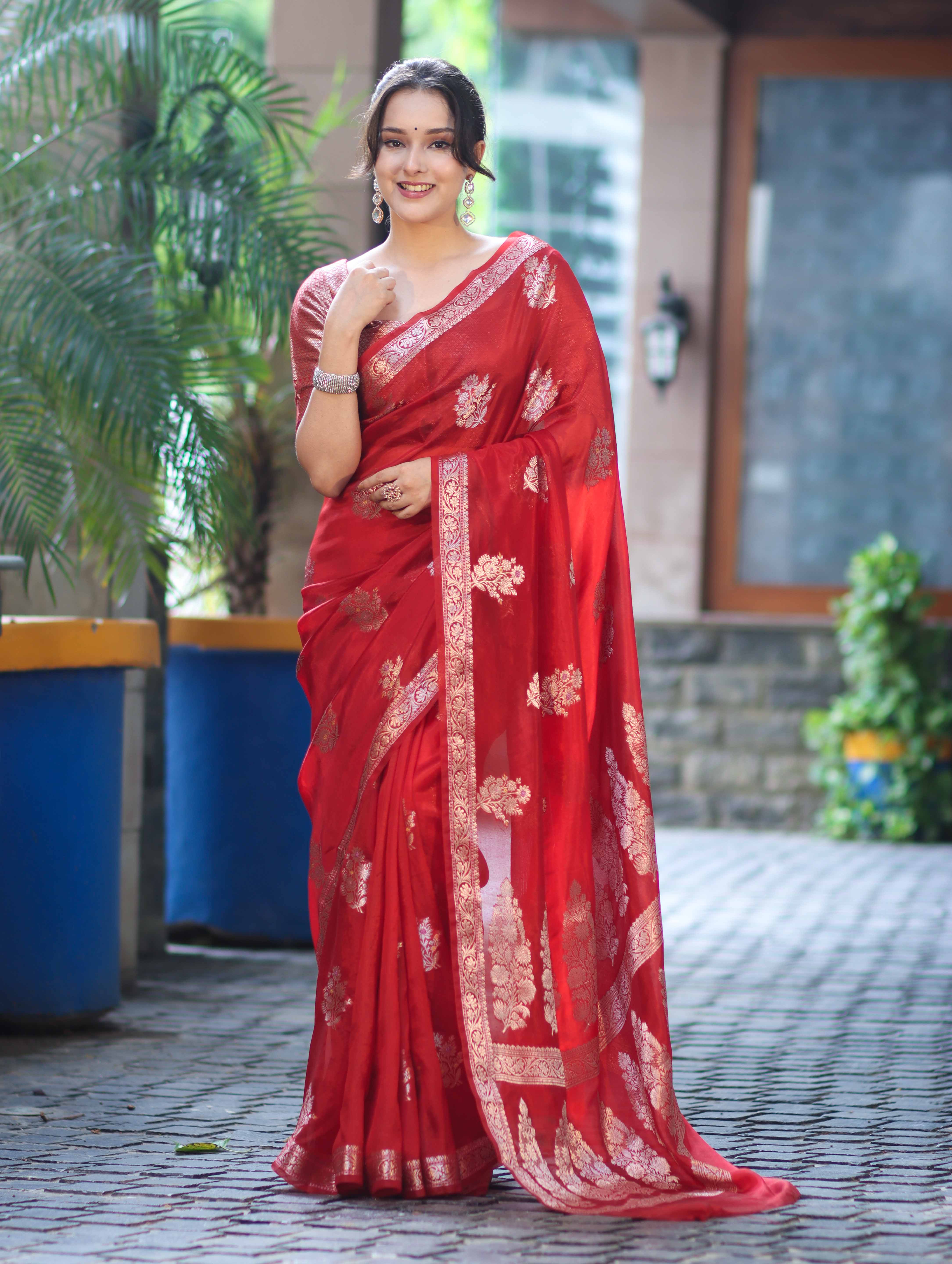 Banarasee Handloom Semi Silk Saree With Zari Floral Buta Design & Border-Red