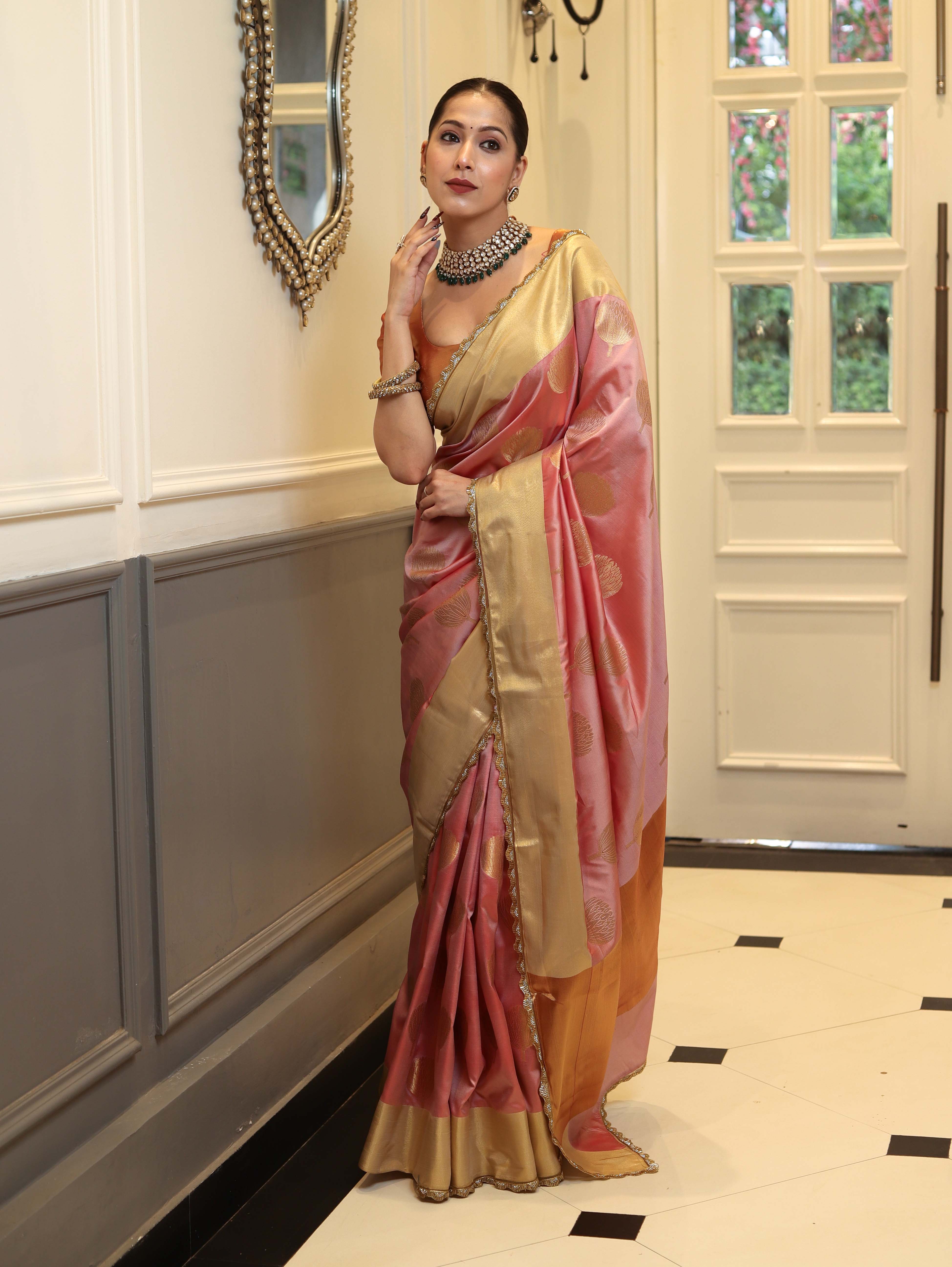 Banarasee Handwoven Semi Silk Saree With Zari Buta Design & Lace-Peach