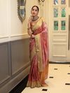 Banarasee Handwoven Semi Silk Saree With Zari Buta Design & Lace-Peach
