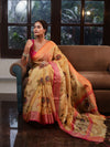 Banarasee Handwoven Tissue Saree With Hand Brush Paint Floral Design & Contrast Border-Yellow