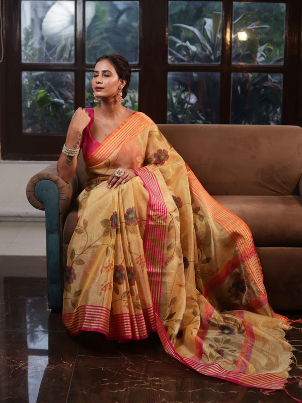Banarasee Handwoven Tissue Saree With Hand Brush Paint Floral Design & Contrast Border-Yellow