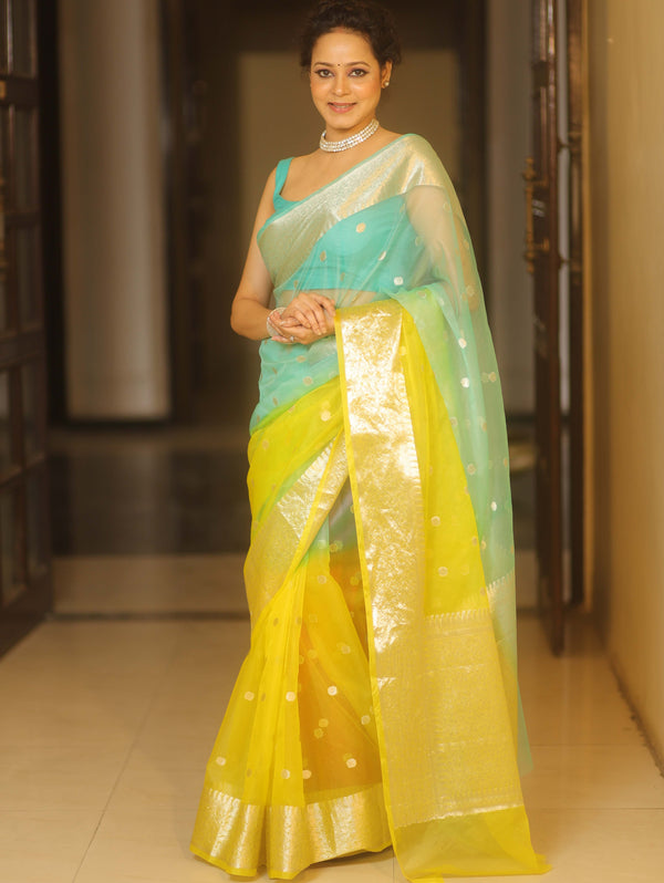 Banarasee Organza Saree With Silver Zari Design & Dual Color-Blue & Yellow