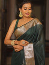 Banarasee Cotton Silk Plain Body Saree With Gold Zari Border-Green