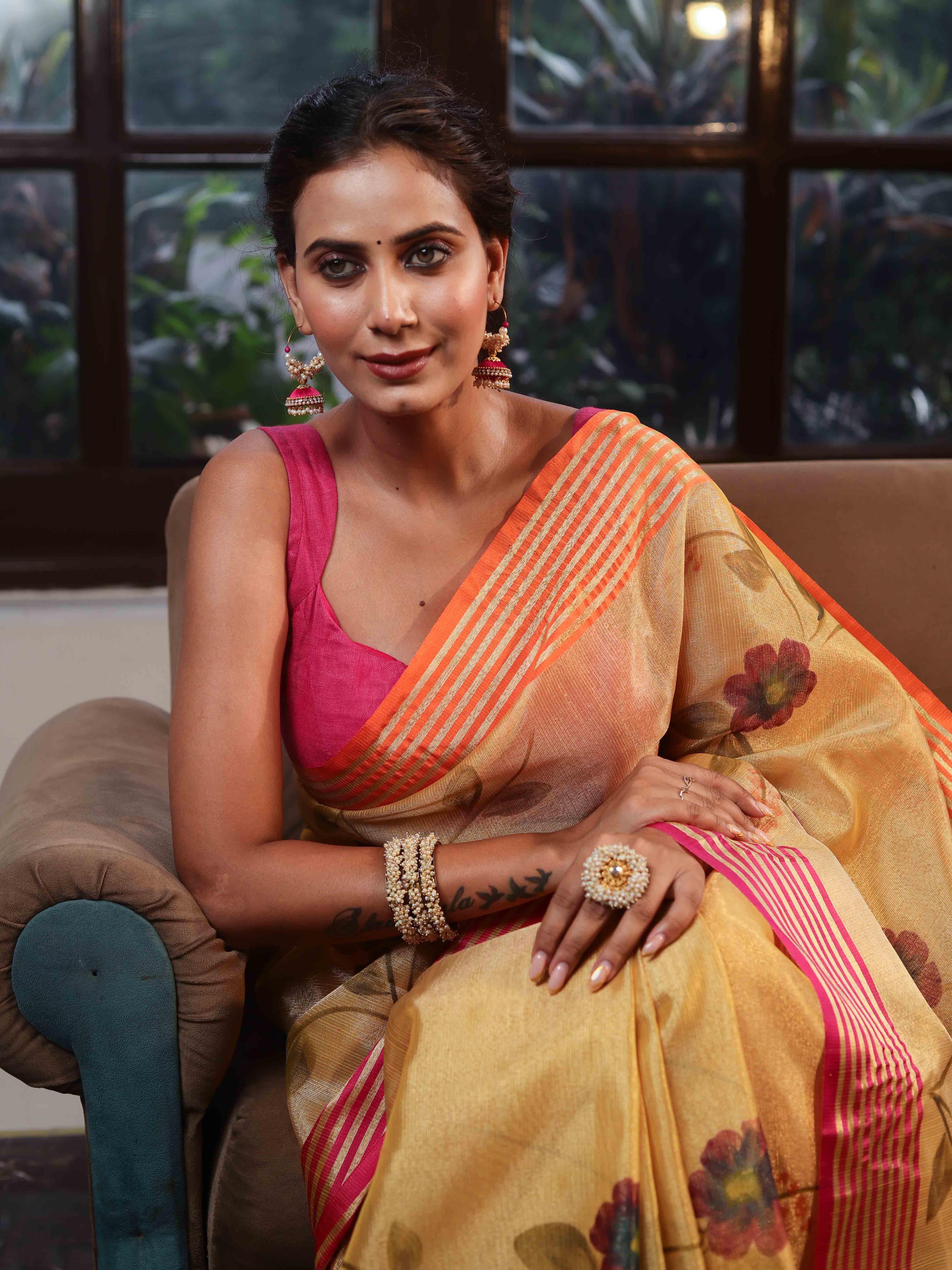 Banarasee Handwoven Tissue Saree With Hand Brush Paint Floral Design & Contrast Border-Yellow