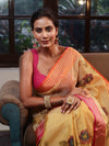 Banarasee Handwoven Tissue Saree With Hand Brush Paint Floral Design & Contrast Border-Yellow