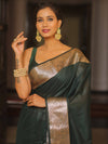 Banarasee Cotton Silk Plain Body Saree With Gold Zari Border-Green