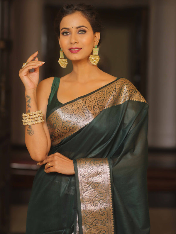 Banarasee Cotton Silk Plain Body Saree With Gold Zari Border-Green