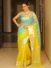 Banarasee Organza Saree With Silver Zari Design & Dual Color-Blue & Yellow