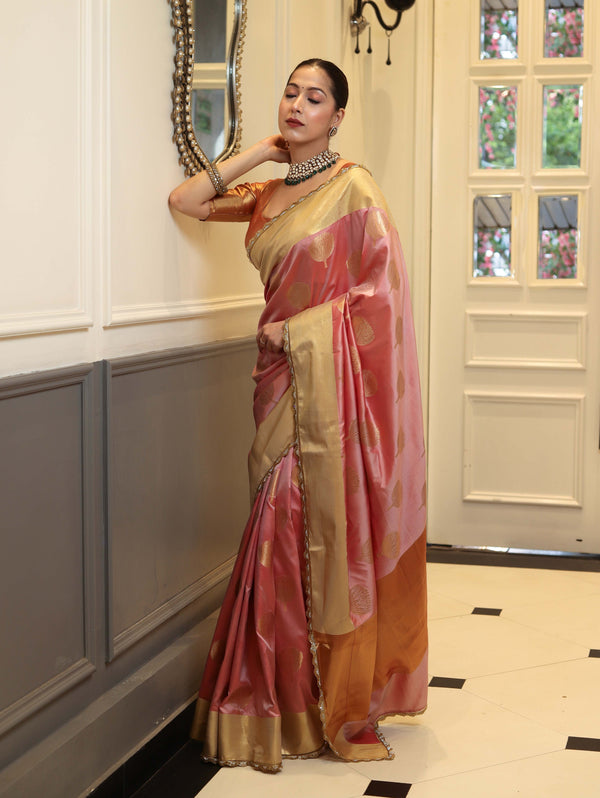 Banarasee Handwoven Semi Silk Saree With Zari Buta Design & Lace-Peach
