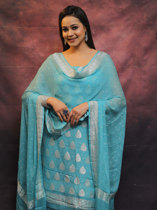 Banarasee Handloom Pure Chiffon Silk Kameez Fabric With Silver Zari Buta Dupatta-Blue