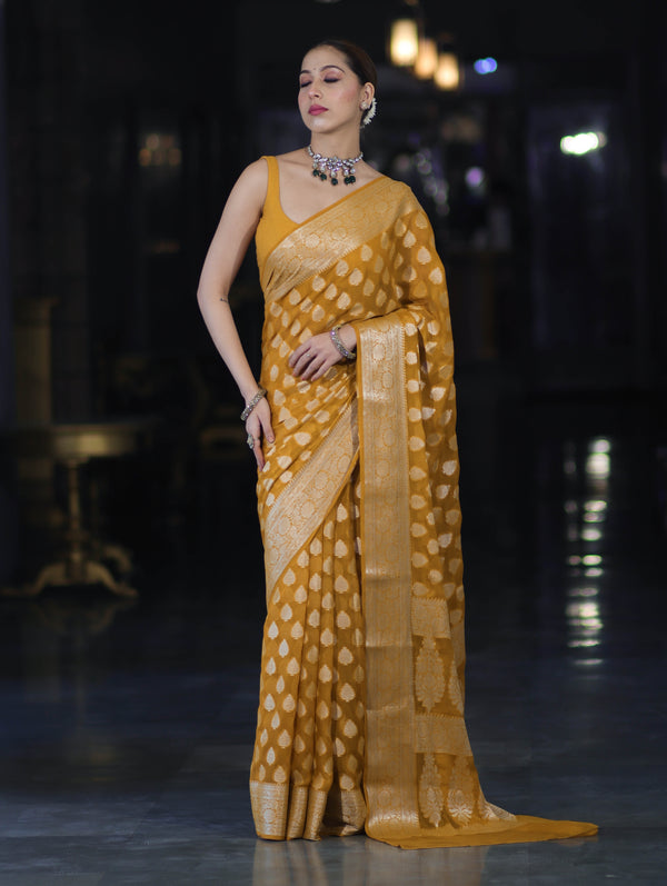 Banarasee Pure Chiffon Saree With Gold Zari Buta Work & Border-Mustard Yellow