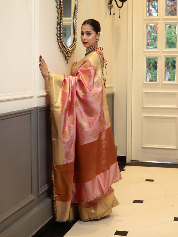 Banarasee Handwoven Semi Silk Saree With Zari Buta Design & Lace-Peach